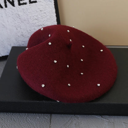 Luxury Rhinestone Wool Thick Berets For Women Autumn Winter Ladies Bling Beret