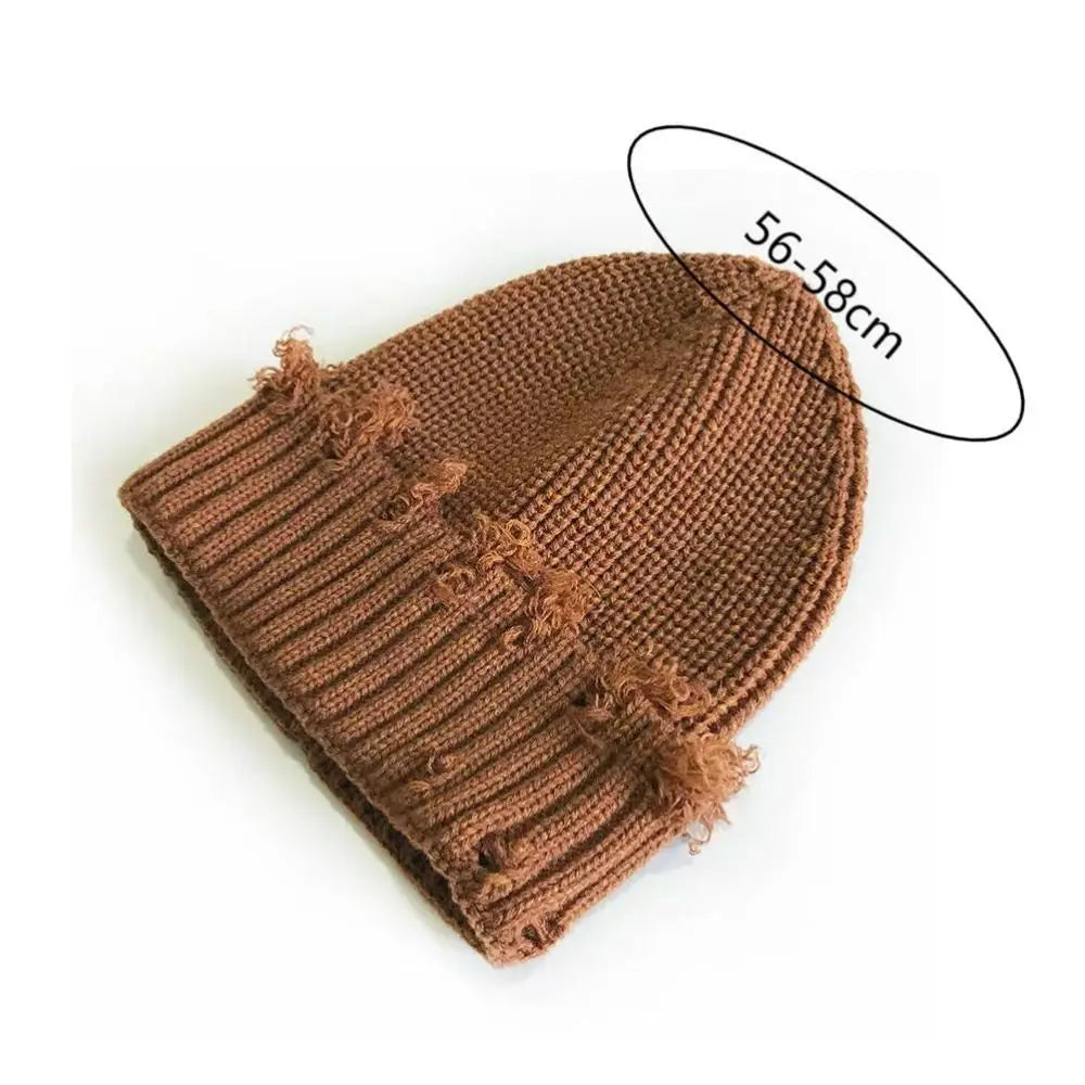 New Dilapidated Hole Knitted Hat Solid Color Ear Protection Warm Cap