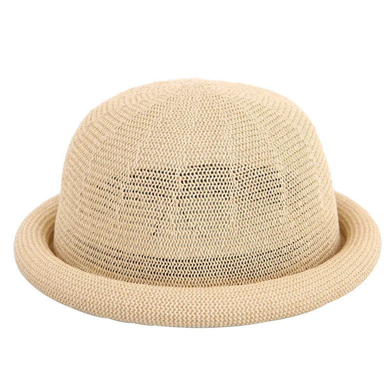 Women Straw Hat Spring Summer New Roll Brim Round Top