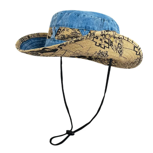 Men Women Vintage Map Print Western Cowboy Bucket Hat