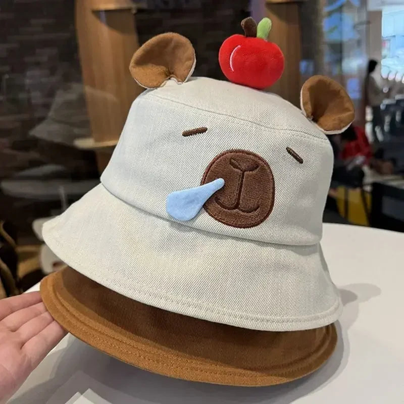 Cute Capybara Apple Bucket Hat For Women Cartoon Fisherman Hat