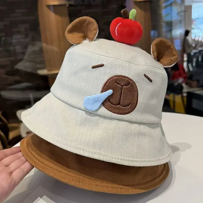 Cute Capybara Apple Bucket Hat For Women Cartoon Fisherman Hat