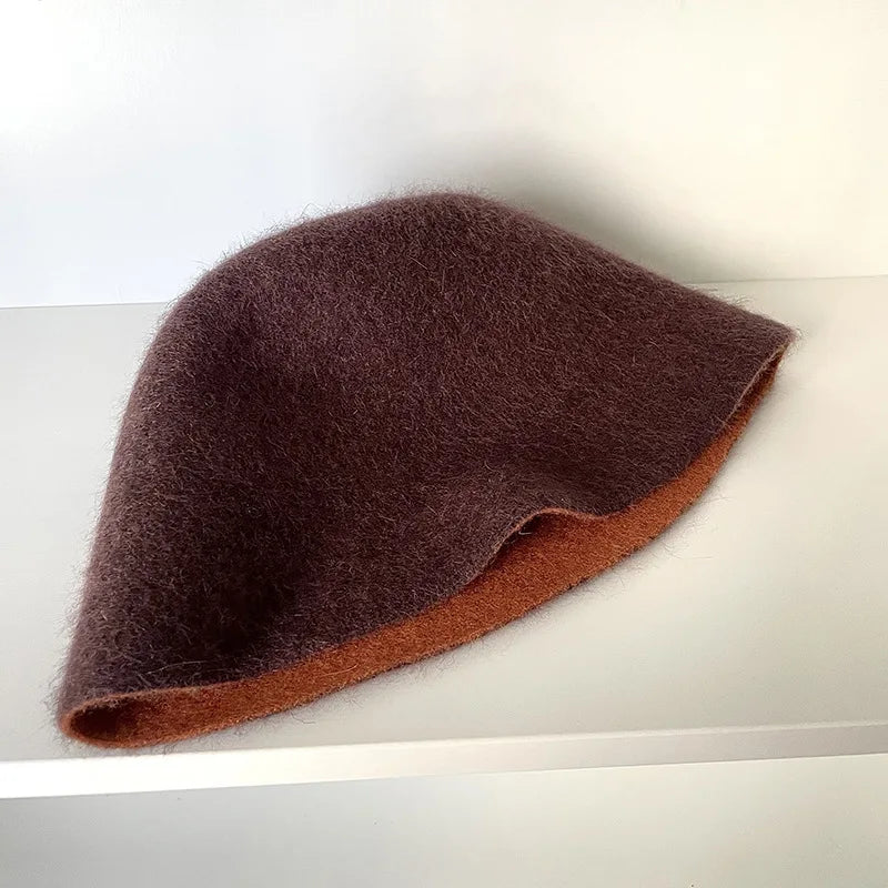 High Quality Double-Sided Wear Beanie Women Pure Wool Angora Rabbit Bucket Hat