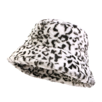 Autumn Winter Leopard Print Bucket Hat Thick Soft Warm Plush Fisherman Hat