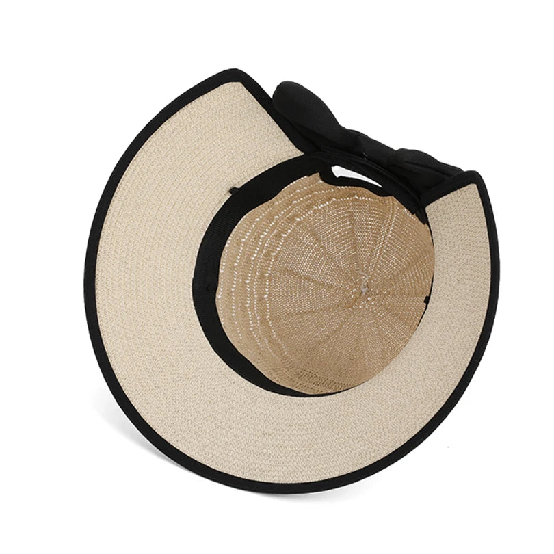 Girls' Versatile Bow-Tied Ponytail Hole Large Eaves Straw Hat