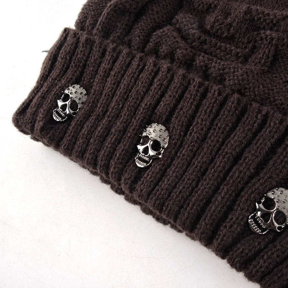 Winter Beanies Men Knitted Skull Pattern Solid Color Hat With Metal Skulls