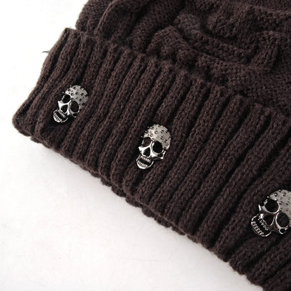 Winter Beanies Men Knitted Skull Pattern Solid Color Hat With Metal Skulls