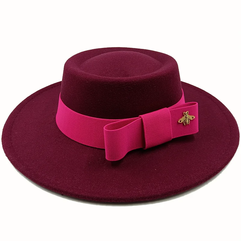 Bow Tie Fedora Hat Winter Round Bumpy Surface Flat Top