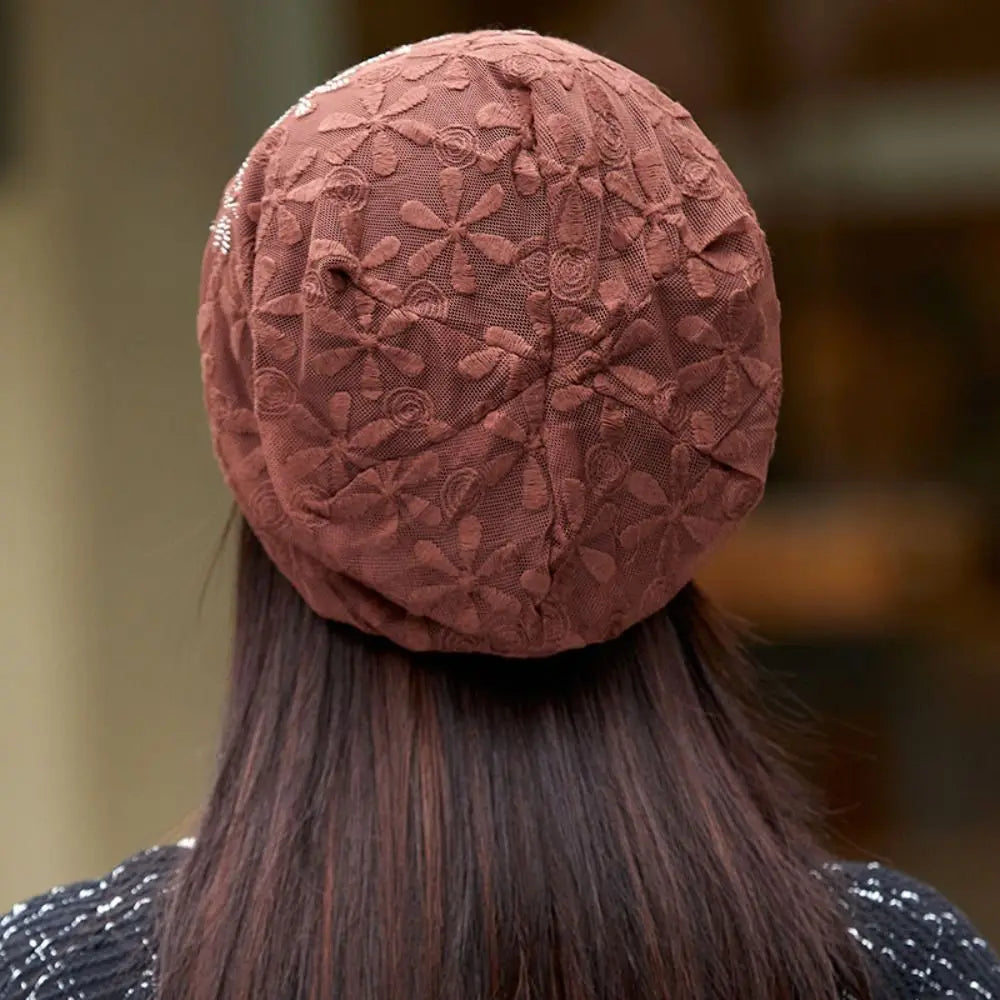 Lace Flower Beanies Cap Hollow Out Elegant Thin Crochet Slouchy Hat
