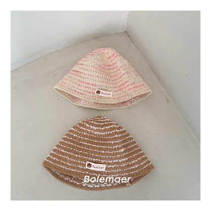 Children's Bucket Hat With Label Summer Korean Striped Thin Hollow Fisherman's Hat