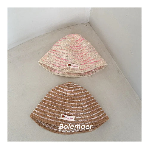Children's Bucket Hat With Label Summer Korean Striped Thin Hollow Fisherman's Hat