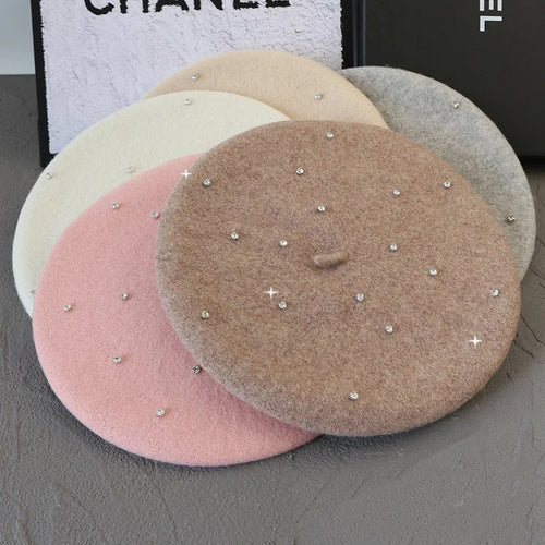 Luxury Rhinestone Wool Thick Berets For Women Autumn Winter Ladies Bling Beret