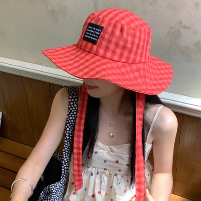 Summer Bucket Hat Breathable Sun Protection Retro Plaid Women