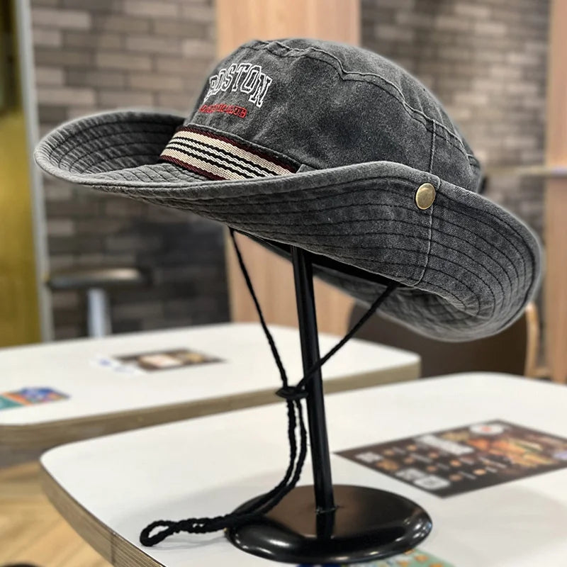 Summer Men Bucket Hat Outdoor WQashed Cotton Wide Brim Panama Safari Hunting Hiking Hat