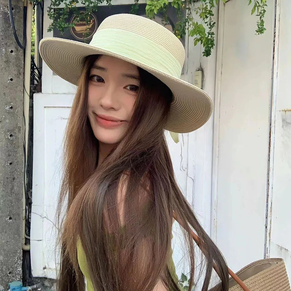 Bow Ribbon Flat Top Straw Hat For Women Summer Woven Straw Sun Hat