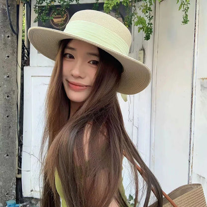 Bow Ribbon Flat Top Straw Hat For Women Summer Woven Straw Sun Hat