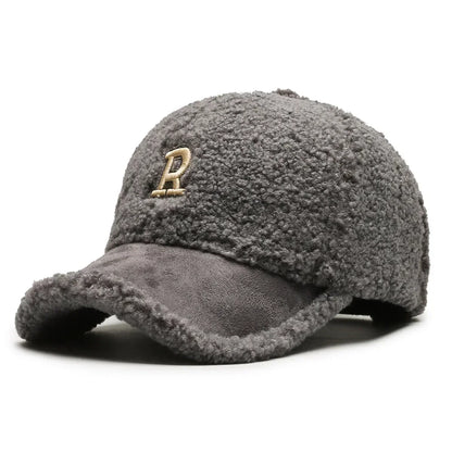 Trendy Big Letter Embroidery Men Winter Hats White Brown Lambswool Baseball Cap for Women