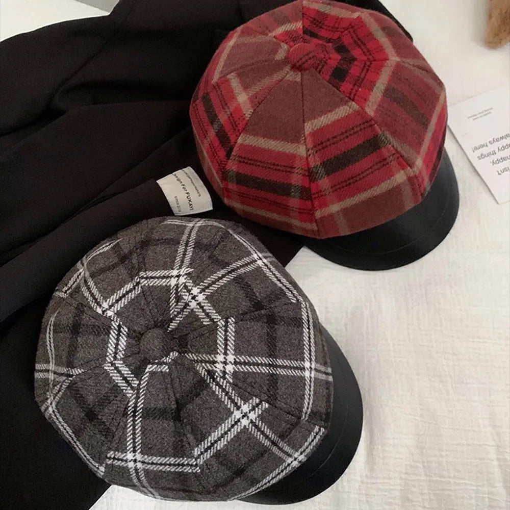 New Women's Plaid Octagonal Newsboy Hat