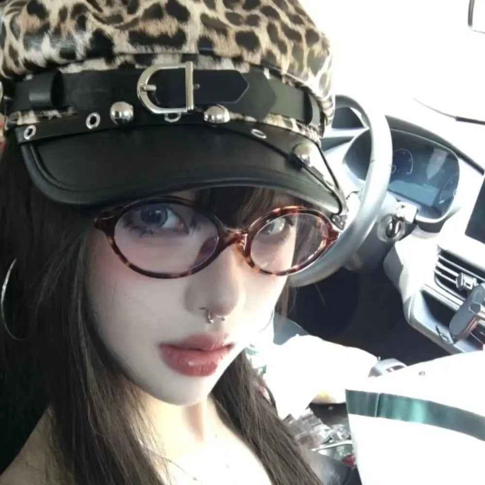 Fashion Sex Rivet Leopard Hat Punk Gothic Y2k Beret Hat