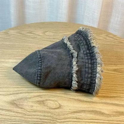 Unisex Washed Denim Bucket Hat Soft Foldable Tassel Brim Sun Hat