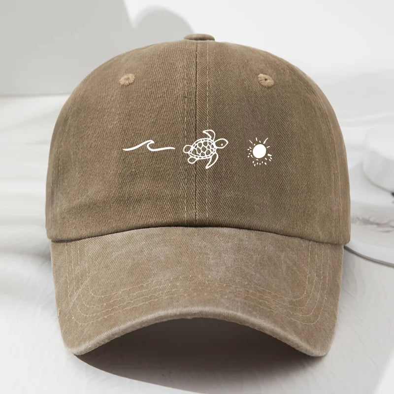 Wave Turtle Sun Printed Baseball Cap, Retro Style For Men And Women
