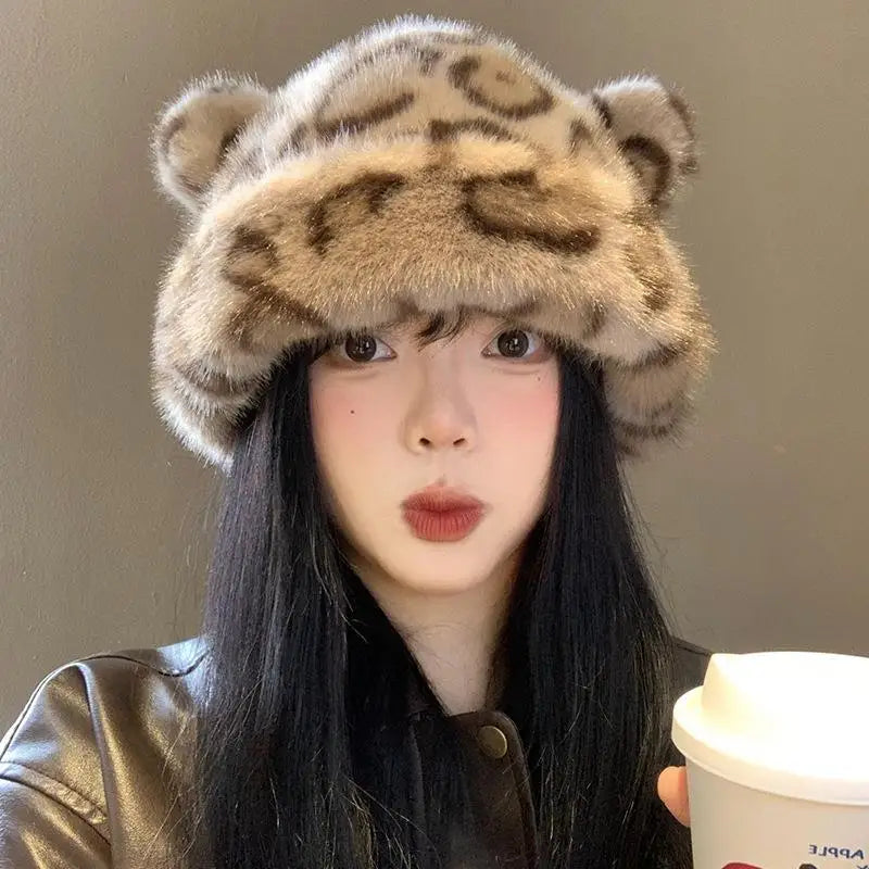Winter Plush Teddy Bear Hat For Women Leopard Print Ear Protection Cap