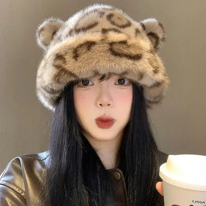 Winter Plush Teddy Bear Hat For Women Leopard Print Ear Protection Cap