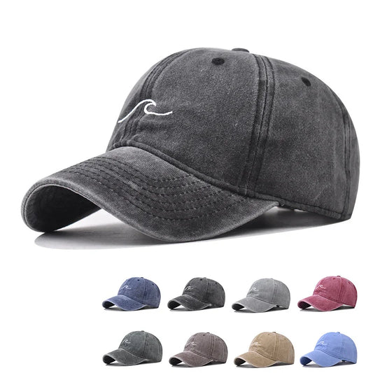 Wave Ripple Embroidery Baseball Cap Solid Color Washed Cotton Dad Hats