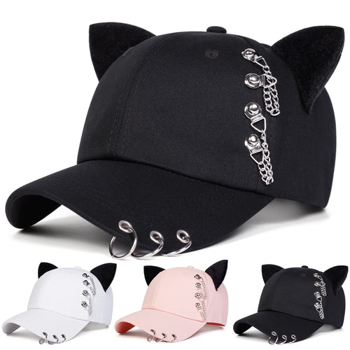 Unisex Cat Ear Chain Iron Ring Baseball Caps