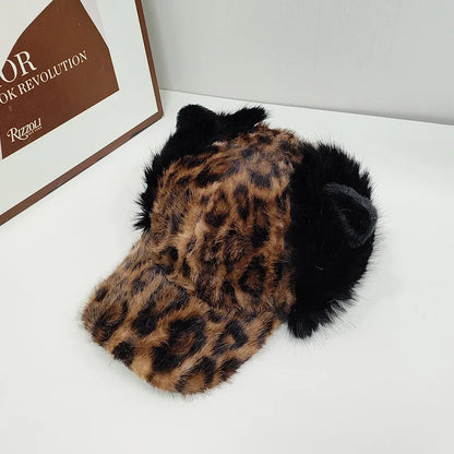 Baseball Cap Women Winter Leopard Ears Design Hat