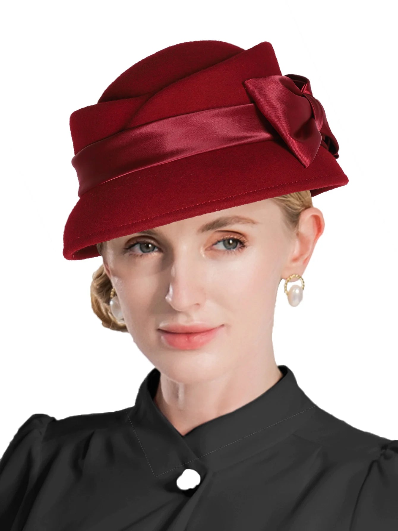 Elegant Wool Felt Fedoras Hat With Ribbon Bowknot Formal Church Wedding Cloche Hats