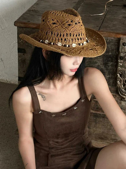 Summer Bohemian Shell Straw Hat Beach Women Men Cowboy Hats
