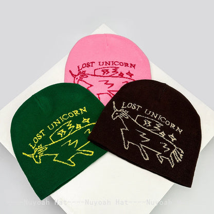 New Men Women Korean Jacquard Unicorn Letters Knitted Hats