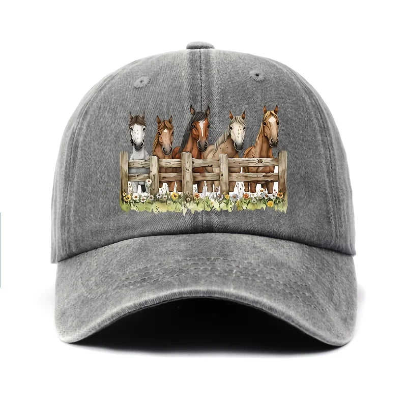 Horse Print Baseball Cap Unisex Cotton Adjustable Equestrian Style Outdoor Sports Hat