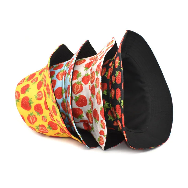 Reversible Strawberry Fruit Print Bucket Hats Women Men Summer