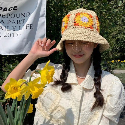 New Foldable Straw Crochet Flower Hat Women's