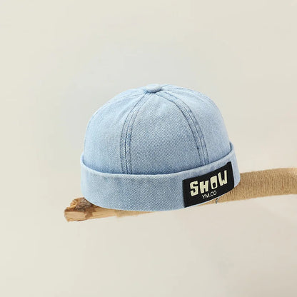 Washed Denim Baby Brimless Hat Retro Letter Embroidered Melon Cap For Kids