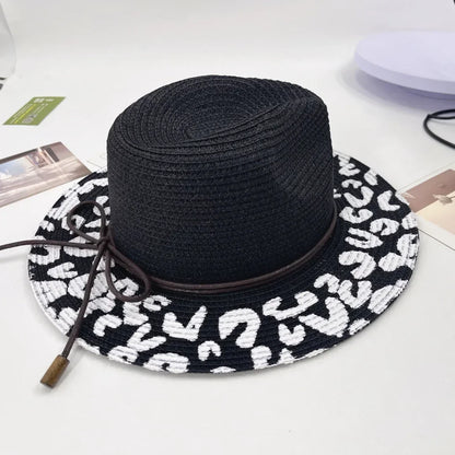 Leopard Print Foldable Straw Hat Women Summer Wide Brim Sun Hat