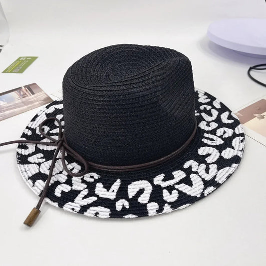 Leopard Print Foldable Straw Hat Women Summer Wide Brim Sun Hat