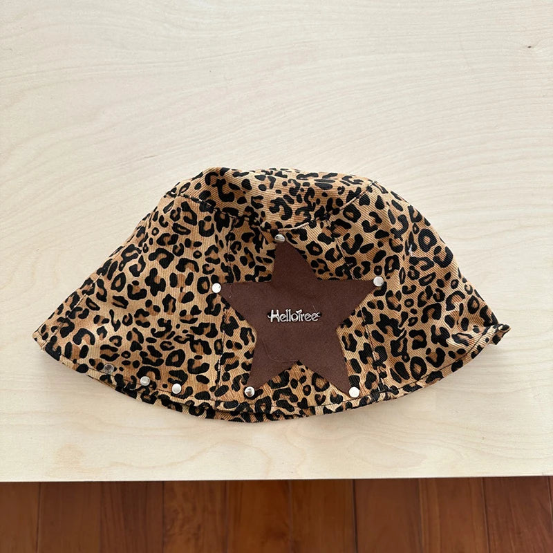 Y2K American Retro Street Leopard Print Rivet Fisherman Hat