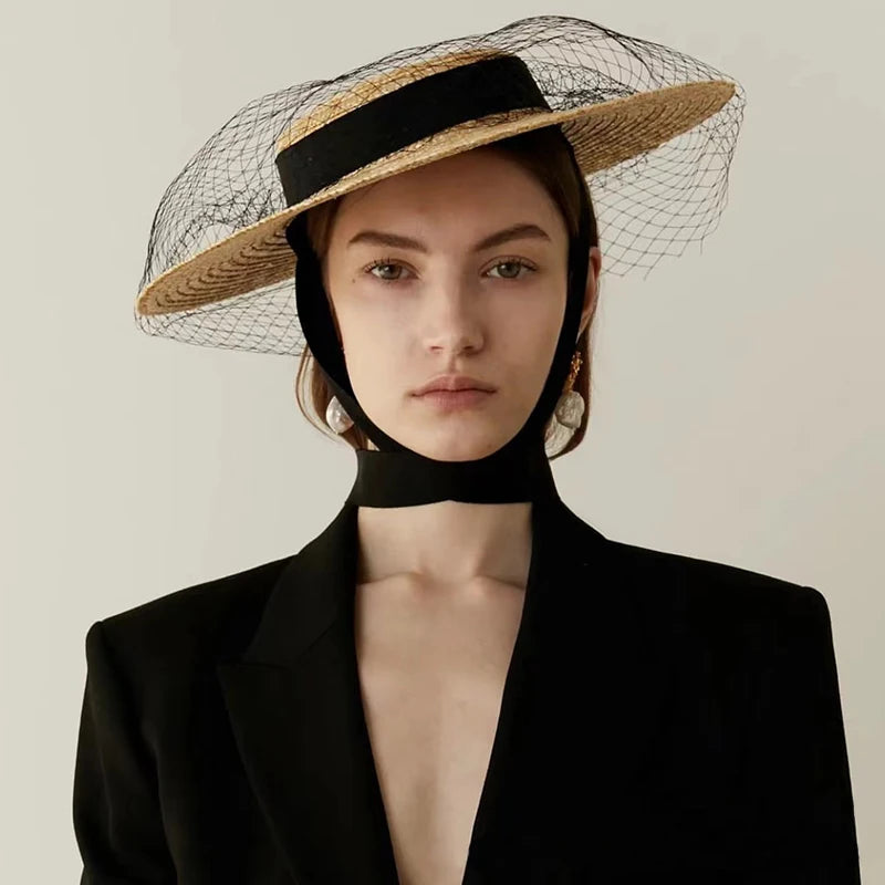 Short Height Women Straw Hat With Black Ribbons Mini Top