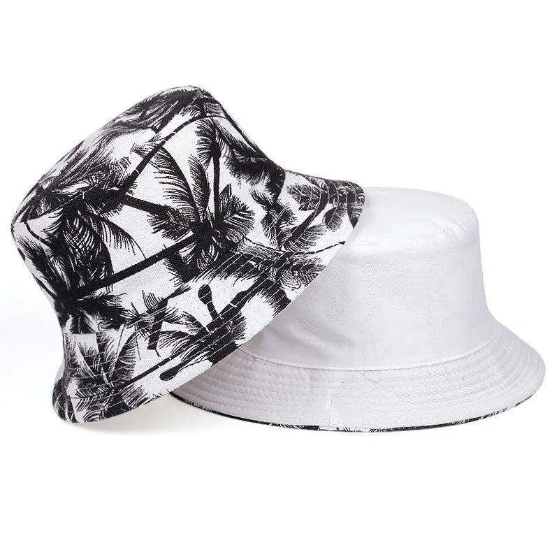 Trendy Printed Coconut Tree Design, Double-Sided Bucket Hats
