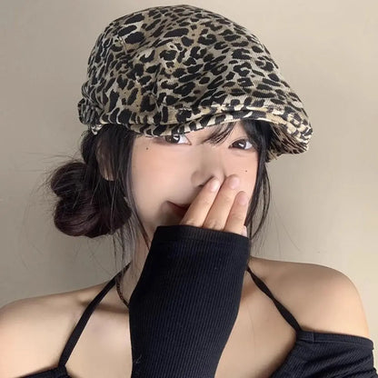 Fashion Retro Leopard Print Cap Baker Peaked Comfortable British Peaked Cap