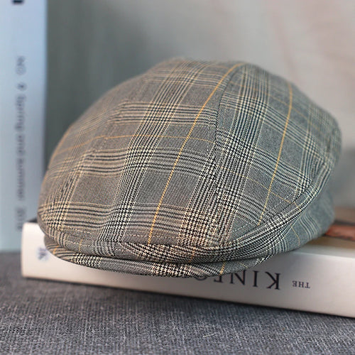 Gray Plaid Newsboy Hat Linen Cotton Women Men Ivy Cap