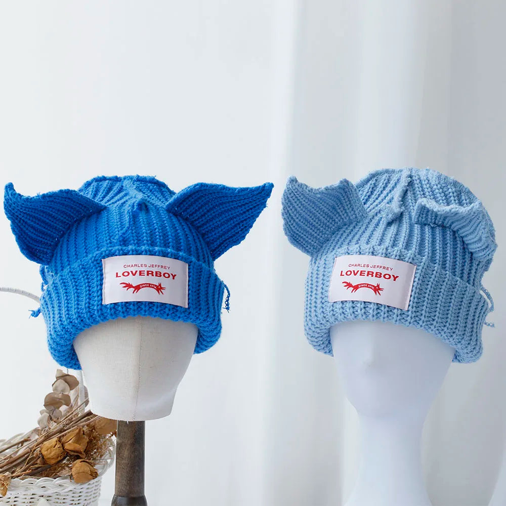Lover Boy Cat Ear Knit Hat Solid Warm Pig Ear Woolen Hat