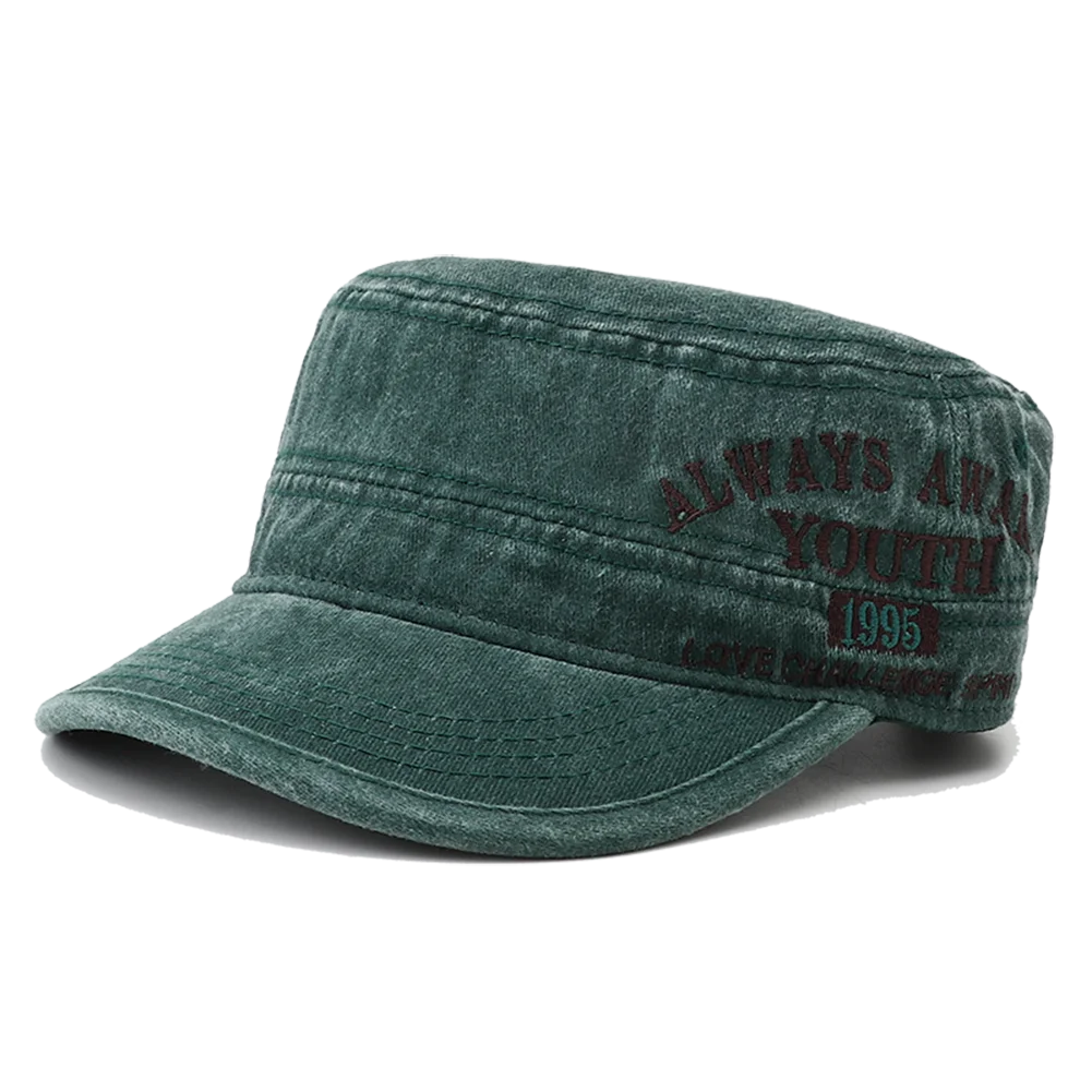 2024 New Letter Embroidery Washed Cotton Flat Top Military Cap