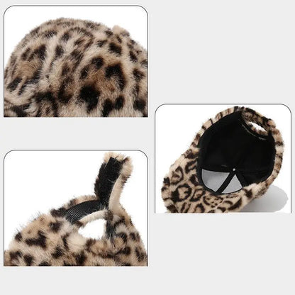 Leopard Print Baseball Cap Women Plush Faux Fur Keep Warm Winter