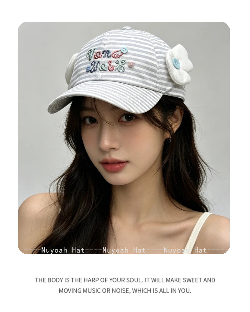 Korean Style Women Cartoon Cat Bear Ears Baseball Cap Plaid Sunshade Wing Versatile Penguin Peaked Cap