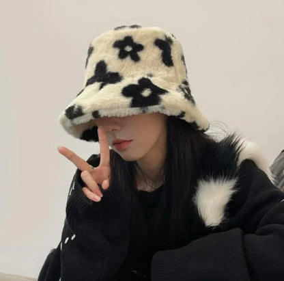 New Floral Plush Bucket Hat Women Fur Fisherman Cap