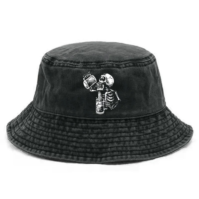 Skull Drunk Bucket Hat Distressed Hats Cap Washed Men Retro Outdoor Summer